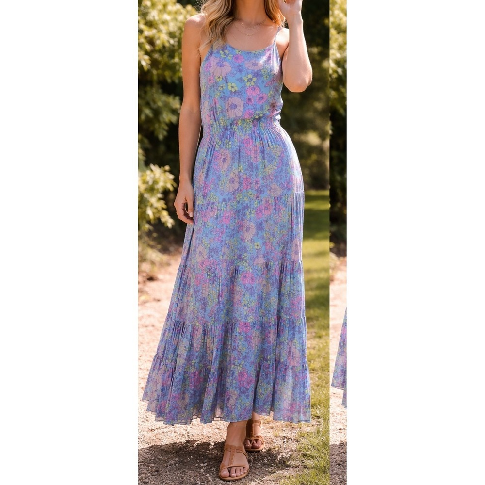 Hyfive Blue Floral 70s Inspired Halter Maxi Dress SZ M Open Sides Retro Festival